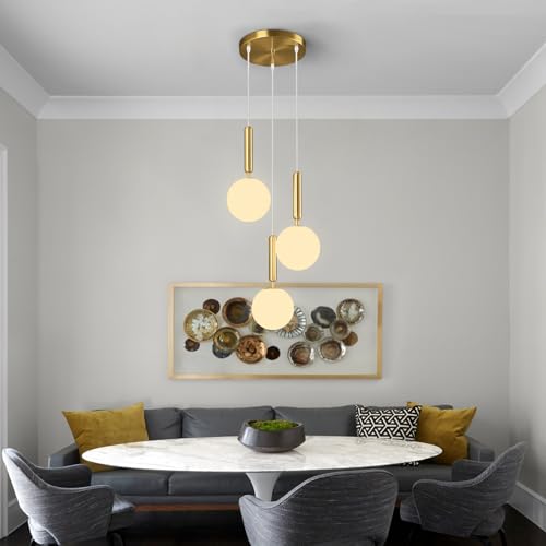 Image of Modern Gold Pendant Light Hanging Fixture Light for Kitchen Island Mid Century with Globe Pendant Light Milk White Glass Pendant Lighting for Living Room Bedroom Entryway (3 Lights)