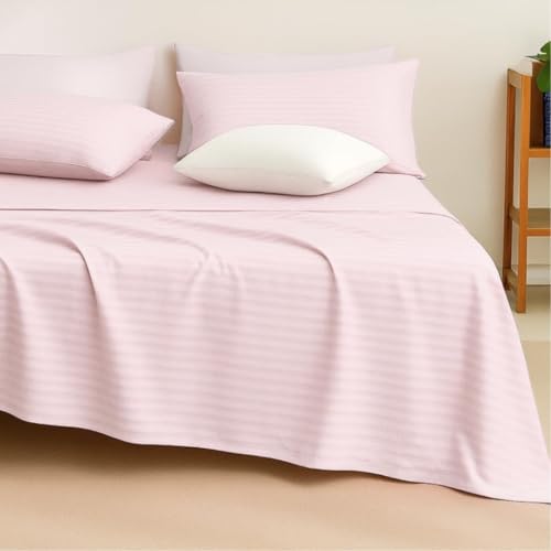 Image of Sofrito Bed Sheet Glace Cotton Striped - 300 TC - King (100 inchx108 inch) - with 2 Pillow Cover | Ideal for Hospitals, Clinics, Hostels, PGs, Hotels & Guest Houses | Pastel Pink