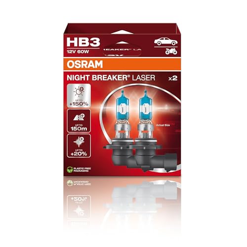 Osram NIGHT BREAKER LASER HB3, +150% mehr Helligkeit, Halogen-Scheinwerferlampe, 9005NL-2HB, 12V PKW, Hängebox (2 Lampen)