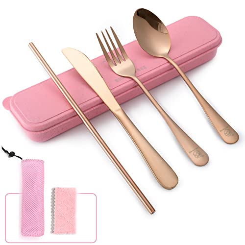 Boulder Bee Travel Utensils | Reusable Camping Cutlery | Stainless Steel Flatware | Portable Silverware Set with Case | Includes Knife/Fork/Spoon/Straw/Cleaning Cloth (Rose Gold)