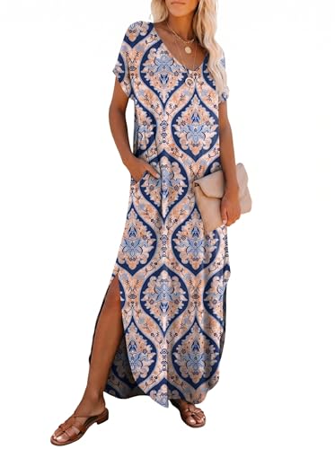 Image of Dokotoo Summer Dresses for Women 2026 Maxi Dress V Neck Cap Sleeve Sundress with Pockets Womens Dresses Beach Vacation