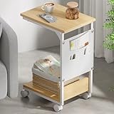 Holdm サイドテーブル キャスター付き ナイトテーブル サイドテーブル ベッド横 おしゃれ 幅37×奥行26×高さ54cm アジャスター付き コの字 移動便利 ソファ スリム 小型 (ナチュラル)