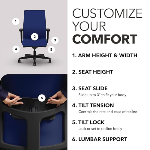 Image of HON Ignition 2.0 Mid‑Back Ergonomic Office Chair, Mesh Task Seating with Lumbar Support, Advanced Synchro‑Tilt, Height and Width Adjustable Arms, Black Frame, Cobalt
