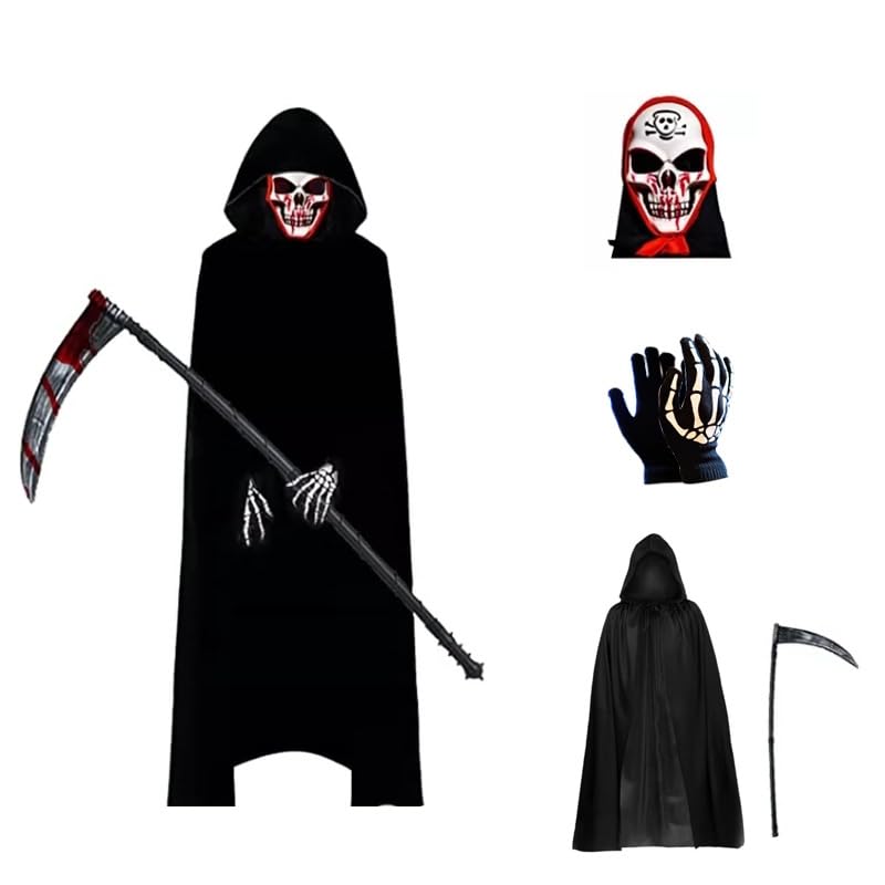 Bkrdty Grim Reaper Halloween Costumes 4 piece Skeleton Costume included Skeleton Mask Skeleton Gloves Grim Reaper Scythe and Grim Reaper Robe