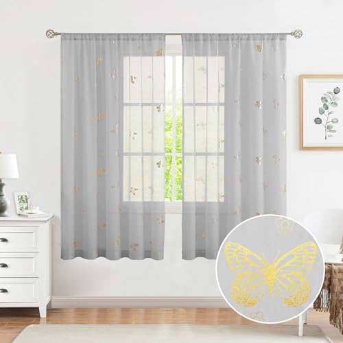Jubilantex Grey Sheer Curtain with Gold Butterfly Pattern 52x63 Rod Pocket