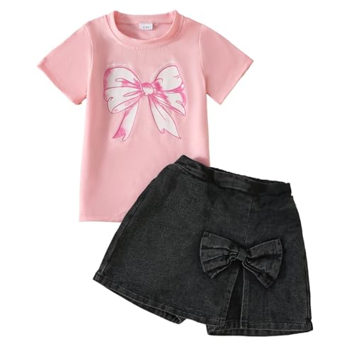 Image of Azmxynol Kid Girls Clothes Outfits Bowknot T-Shirt + 2 In 1 Denim Short Skort Summer Clothing Set, Size 4-10 Years