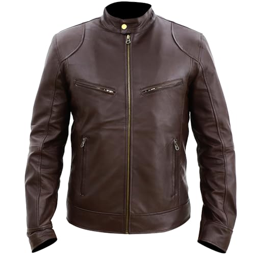 Image of Men's Real Leather Jacket Biker Motorcycle Cafe Racer Vintage Retro Bomber Winter Black Genuine Leather Jacket