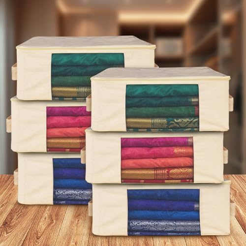 Image of SITTELLA Pack of 6 Cotton Canvas Saree Covers with Zip | 17 x 14 x 7 Inch Clothes Storage Bags for Sarees, Dresses & Lehengas | Wardrobe Organizer (Beige)
