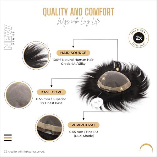Image of Artello FINE R MONO Smart Hair Patch for Men, Silky Hair Wig in 100% Natural Human Hair, Dual Shade Apollo PU for Indian Skins, 2x Finest Base (Colour: Natural Black) (7x5)