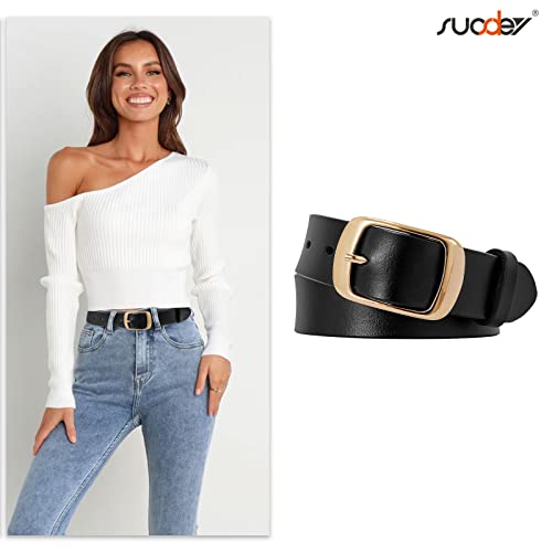 Image of SUOSDEY Fashion Womens Leather Belt, Soft Waist Belt with Pin Buckle for Jeans Pants,width 1.3 inch, 05-black (Gold Buckle), Small: fits waist from 25 inch-30 inch