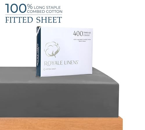 Image of Royale Linens 400 Thread Count 100% American Grown Cotton Fitted Sheet Full Size - All Around Elastic Fitted Sheet - Luxury Sateen Weave - Snug Fit Bottom Sheet Fit Up to 16 inch (Full, Spanish Slate)