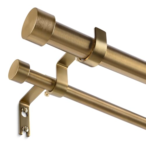 Wolistsa Warm Gold Double Curtain Rod Brass Dual Curtain Rods for Windows 36 to 76 Inch 1 Inch Adjustable Heavy Duty Spliced Double Rod Pro-Plating Process Aluminium Finials