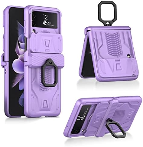 Z Flip 4 Case, KumWum Phone Case for Samsung Galaxy Z Flip 4 Heavy Duty Protective with Slide Camera Lens Cover & 360° Rotate Ring Holder Hinge Protection for Galaxy Z Flip 4 - Purple