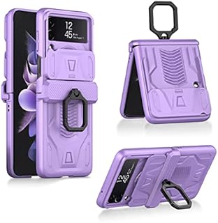 Z Flip 4 Case, KumWum Phone Case for Samsung Galaxy Z Flip 4 Heavy Duty Protective with Slide Camera Lens Cover & 360° Rotate Ring Holder Hinge Protection for Galaxy Z Flip 4 - Purple