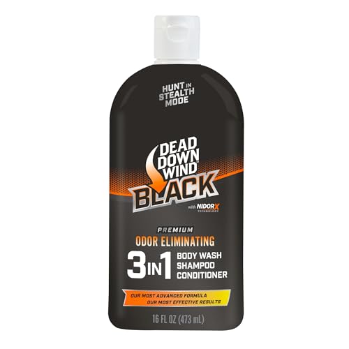 DEAD DOWN WIND BLACK Premium 3-in-1 Body Wash Shampoo & Conditioner Hunting Scent Eliminators (16 oz) - Scent Eliminating Liquid Soap - Durable Hunting Scent Eliminators - Advanced Hunting Gear