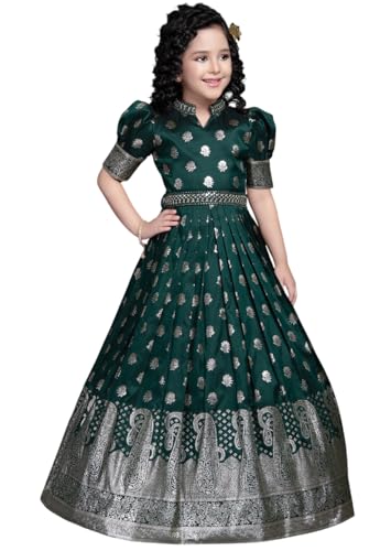 Image of White Button Girls Banaras Weaving Simar Jacquard Gown | Royal Ethnic Long Maxi Dress