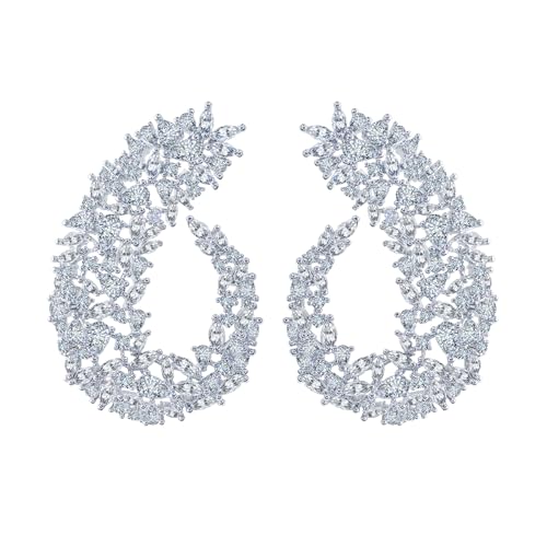 CWWZircons Big Wedding Bridal Party Earrings For Women Symmetrical Statement Chunky Cubic Zirconia Paved Silver Plated Luxury Pageant Jewelry