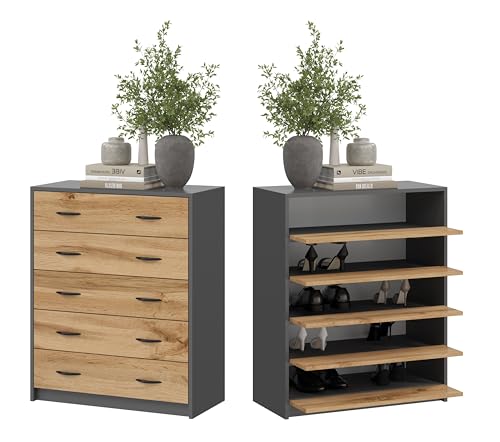 BDW Scarpiera moderna con 5 alette, 74 x 35 x 85 cm, ante girevole con supporto a forbice, manici in polimero satinato, per corridoio, alberghi e pensioni (rovere antracite/Wotan)