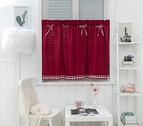 Kitchen Curtains Valances 2 Pack,Idyll Style Checked Plaid Edge,Short Window Kitchen Curtains Tier with Bowknot Decor,29" X35 (Wine Red)