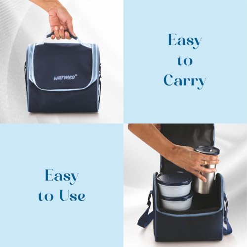 Image of WARMEO Micro Meal Microwave Safe Lunch Box | 1 Rectangular Container 600ml + 2 Round Containers 350ml Each + 1 Round Container 250ml + 1 Steel Tumbler 500ml | Office,School,Picnic,Blue