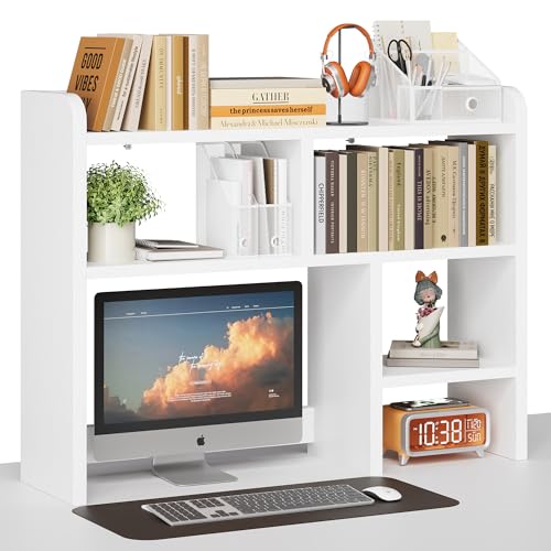 Desk Shelf with Monitor Compartment and Storage, White
