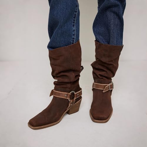 MAVMAX Cowboy Boots with Buckle Slouchy Pull on Mid Calf Boots Cowgirl Fashionable Stacked Chunky Heels Booties for Women Ladies Suede2