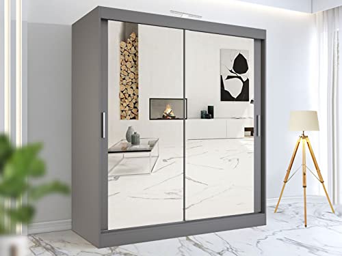 RAC3 Race to Road Stylish Bedroom Sliding Wardrobe with LED Light - Ample Storage Space and Sleek Design comes in White/Grey/Black/Oak and Width 100cm/120cm/150cm/180cm/203cm/250cm (Grey, 100cm)