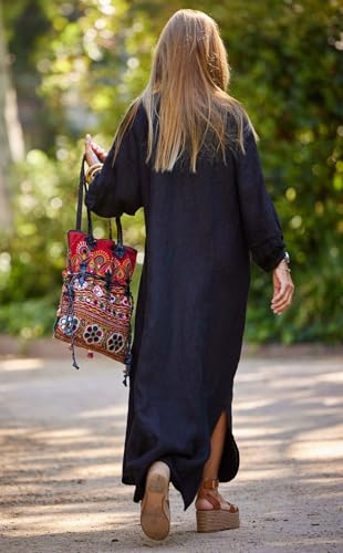 Image of chouyatou Women Summer Long Sleeve Notch Neck Maxi Linen Shirt Dress Loose Button Down Tunic Shift Dress