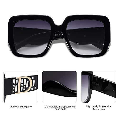Allarallvr Oversized Square Sunglasses For Women Men Large Glitter Plastic Frame Sunglasses Ar82028 (Black/Grey) #TOP2