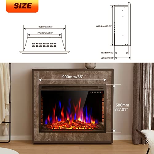 XBeauty 36” Electric Fireplace Insert, Electric Heater with Touch Screen,Colorful Flame & Timer Control,750W-1500W and Remote Control.