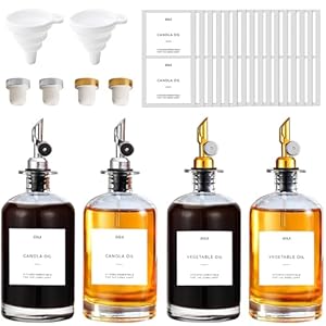 TEGOVE Olijfolie Dispenser Fles,4pcs Oliefles,Azijn en Olieflessen 500ml,Glazen Flessen Oliedispenser met Trechter Sausfles Karaf Olie Olijfolie Tuit,Olijfolie Fles Glas Koffie Siroop Dispenser