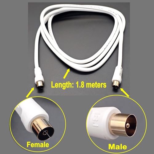 JZK 1.8m weißes TV-Antennenverlängerungskabel, vergoldetes HF-Koaxialkabel Stecker auf Buchse für digitale und analoge Signalübertragung, Freeview, Set-Top-Box, Satellitenfernsehen DVB-S, DVB-S2