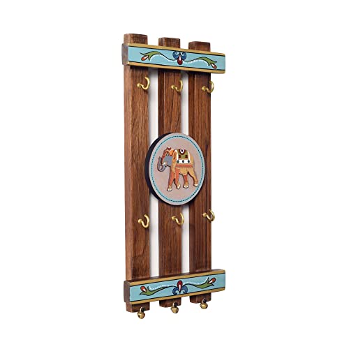 Image of AAKRITI ART CREATIONS Key Holder, Happy Elephants Stripped Key Hangers | Rustic Teak Wood Wall Organizer with 6 Hooks | New Home Gifts | Multifunctional Entryway Decor Item