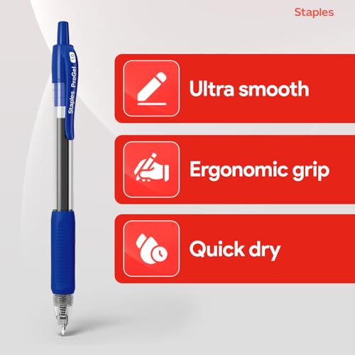 Image of Staples Retractable Gel Pens, Bold Point 1.0mm, Blue Ink, 12 Pack - ProGel Smooth‑Flow Pens for Office & School Use