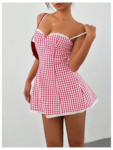 MakeMeChic Women's Plaid Gingham Lace Cami Dress Sleeveless Going Out Mini Dresses Sundress2