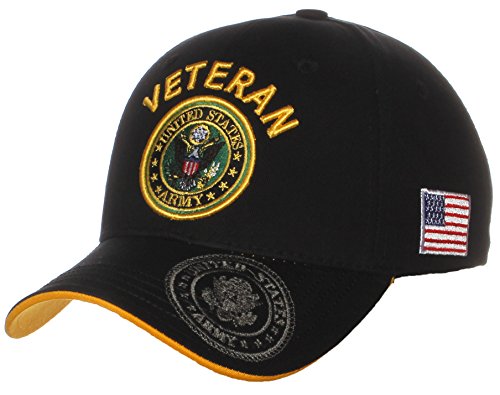 US Army Official License Structured Front Side Back and Visor Embroidered Hat Cap - Veteran Emblem Black