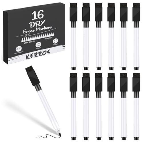 Kerros Black Dry Erase Markers Magnetic Dry Erase Markers Fine Point Tip 16 Pack - Small Whiteboard Markers Dry Erase Marker with Cap for School Office Family