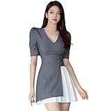 [GRAXIA] 【グラシア】キャバドレス ミニドレス ワンピース キャバ嬢 キャバクラ ラウンジ 半袖 ウエストマーク Vネック ストライプ プリーツ レースアップ レディース グレー Sサイズ