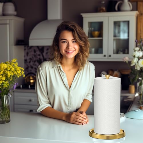 Image of Paper Towel Holder Countertop, Gold Kitchen Accessories Decor, Stainless Steel, Weighted Base, Gold, Paper Towel Roll Holder Stand with Ratchet Mechanism for Kitchen Bathroom Farmhouse Essentials