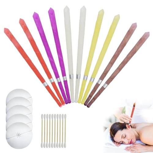 10 velas de cono hueco, velas removedoras de cera de oído, kit de velas de cera de abeja, velas naturales coloridas para los oídos, velas hopi con 5 discos protectores, 10 hisopos de algodón, velas