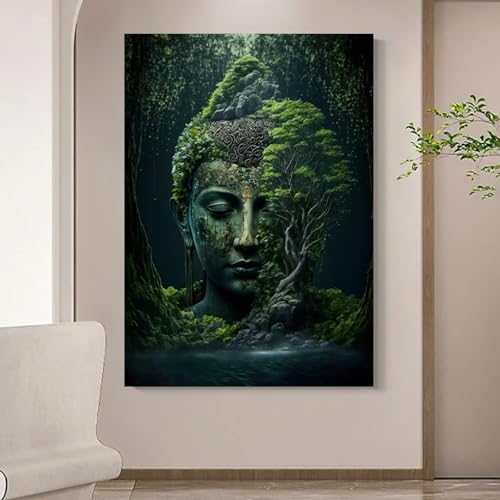 Peinture Bouddha nature pour salon zen : toile vintage 50x75 cm