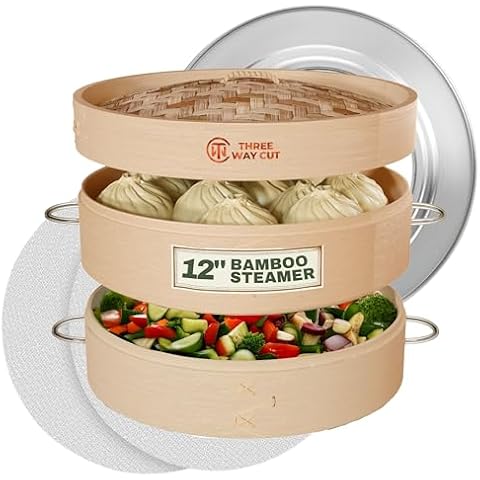 2 Tier Bamboo Steamer- 12" Baskets With Handle, Silicone Liner, Adapter, Molder Press For Cooking Vegetables Dumpling Press & Dough Cutter for Steaming Chinese Asian Food & Bao Bun, Dim Sum Potsticker Cover