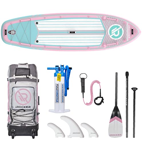 Irocker All-Around Inflatable Stand Up Paddle Board, Extremely Stable 10' Long X 32" Wide X 6" Thick Premium Sup With Roller Bag, Carbon Paddle, Pump, Leash, Fins & Repair Kit, Pink #TOP4