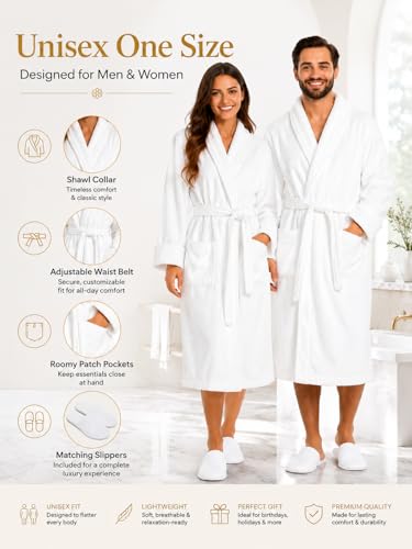 Image of BIOLINEN 100% Cotton Terry Shawl Collar Bathrobe with Slippers