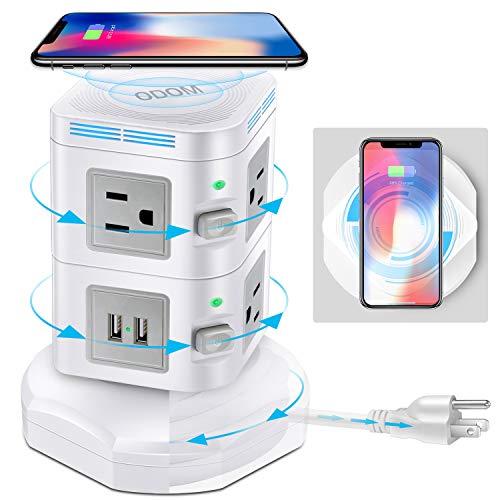 ODOM Power Strip Tower Wireless Charger  Power Surge Protector Multi Outlets Plug with 4 USB Ports 6 Outlets, Desktop Charging Station 6ft Extension Cord for Home, Office, and More