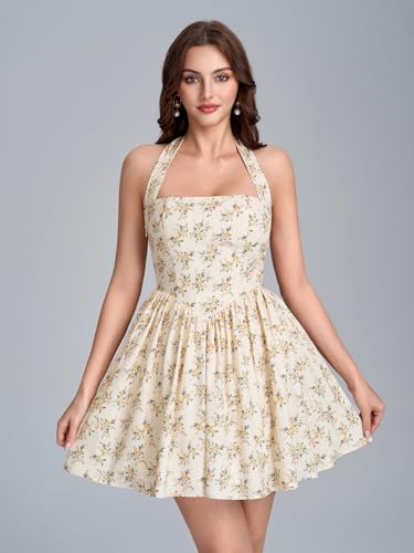 Image of Parthea Women's Floral Halter Mini Corset Dress Sleeveless A Line Flowy Cute Party Graduation Dress