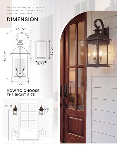 Image of FEMILA 26 inch Outdoor Wall Sconce, Large Exterior Lighting Fixtures, 3-Light Outdoor Wall Lantern Porch Lights for Patio, Garage, Doorway, ORB Finish, E12 Base, 4FD54B-L ORB-WP