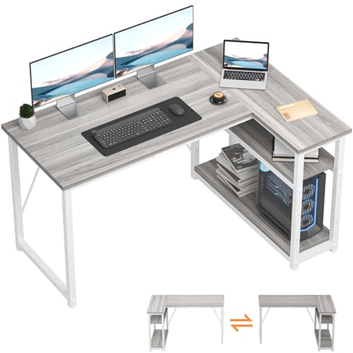TRIUMPHKEY Bureau d'angle 120x80x75CM avec 3 Etagères Réversible à Gauche ou à Droite, Bureau Forme L pour Domicile, Gris