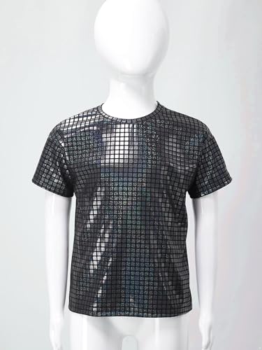JanJean Big Kids Girls Shiny Metallic Sleeveless Jazz Hip Hop Dance Tops Loose Sparkle T-Shirt Club Party Dress Up Black 9-10 Years