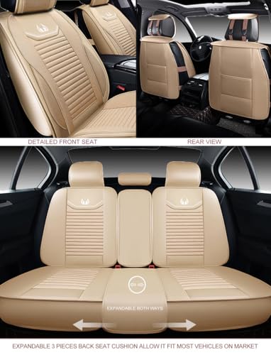 Image of Car Seat Covers Full Set Premium Waterproof Faux Leather Cushion Universal Accessories Fit SUV Truck Sedan Automotive Vehicle Auto Interior Protector (OS-008 Tan)
